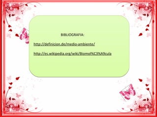 BIBLIOGRAFIA:
http://definicion.de/medio-ambiente/
http://es.wikipedia.org/wiki/Biomol%C3%A9cula
BIBLIOGRAFIA:
http://definicion.de/medio-ambiente/
http://es.wikipedia.org/wiki/Biomol%C3%A9cula
 