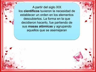 A partir del siglo XIX
los científicos tuvieron la necesidad de
establecer un orden en los elementos
descubiertos. La forma en la que
decidieron hacerlo, fue partiendo de
sus masas atómicas y agrupando
aquellos que se asemejaran
A partir del siglo XIX
los científicos tuvieron la necesidad de
establecer un orden en los elementos
descubiertos. La forma en la que
decidieron hacerlo, fue partiendo de
sus masas atómicas y agrupando
aquellos que se asemejaran
 