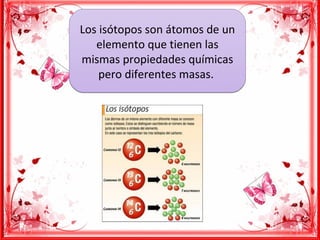 Los isótopos son átomos de un
elemento que tienen las
mismas propiedades químicas
pero diferentes masas.
Los isótopos son átomos de un
elemento que tienen las
mismas propiedades químicas
pero diferentes masas.
 