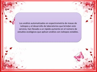 Los análisis automatizados en espectrometría de masas de
isótopos y el desarrollo de laboratorios que brindan este
servicio, han llevado a un rápido aumento en el número de
estudios ecológicos que aplican análisis con isótopos estables.
Los análisis automatizados en espectrometría de masas de
isótopos y el desarrollo de laboratorios que brindan este
servicio, han llevado a un rápido aumento en el número de
estudios ecológicos que aplican análisis con isótopos estables.
 