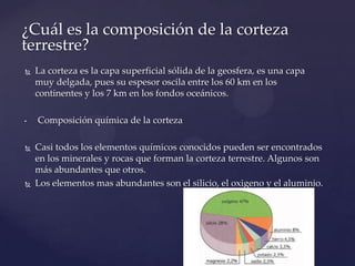 ¿Cuál es la composición de la corteza
terrestre?
 La corteza es la capa superficial sólida de la geosfera, es una capa
muy delgada, pues su espesor oscila entre los 60 km en los
continentes y los 7 km en los fondos oceánicos.
• Composición química de la corteza
 Casi todos los elementos químicos conocidos pueden ser encontrados
en los minerales y rocas que forman la corteza terrestre. Algunos son
más abundantes que otros.
 Los elementos mas abundantes son el silicio, el oxigeno y el aluminio.
 