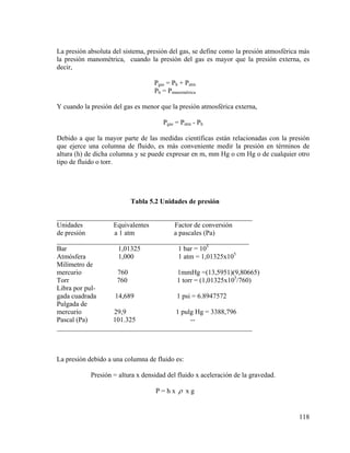 La presión absoluta del sistema, presión del gas, se define como la presión atmosférica más
la presión manométrica, cuando la presión del gas es mayor que la presión externa, es
decir,
Pgas = Ph + Patm
Ph = Pmanométrica
Y cuando la presión del gas es menor que la presión atmosférica externa,
Pgas = Patm - Ph
Debido a que la mayor parte de las medidas científicas están relacionadas con la presión
que ejerce una columna de fluido, es más conveniente medir la presión en términos de
altura (h) de dicha columna y se puede expresar en m, mm Hg o cm Hg o de cualquier otro
tipo de fluido o torr.

Tabla 5.2 Unidades de presión

_________________________________________________________
Unidades
Equivalentes
Factor de conversión
de presión
a 1 atm
a pascales (Pa)
________________________________________________________
Bar
1,01325
1 bar = 105
Atmósfera
1,000
1 atm = 1,01325x105
Milímetro de
mercurio
760
1mmHg =(13,5951)(9,80665)
Torr
760
1 torr = (1,01325x105/760)
Libra por pulgada cuadrada
14,689
1 psi = 6.8947572
Pulgada de
mercurio
29,9
1 pulg Hg = 3388,796
Pascal (Pa)
101.325
-_________________________________________________________

La presión debido a una columna de fluido es:
Presión = altura x densidad del fluido x aceleración de la gravedad.
P=hx ρ xg

118

 