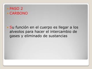  PASO 2
 CARBONO
 Su función en el cuerpo es llegar a los
alveolos para hacer el intercambio de
gases y eliminado de sustancias
 