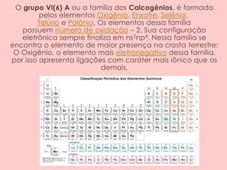 O grupo VI(6) A ou a família dos Calcogênios, é formada
pelos elementos Oxigênio, Enxofre, Selênio,
Telúrio e Polônio. Os elementos dessa família
possuem número de oxidação – 2. Sua configuração
eletrônica sempre finaliza em ns2np4. Nessa família se
encontra o elemento de maior presença na crosta terrestre:
O Oxigênio, o elemento mais eletronegativo dessa família,
por isso apresenta ligações com caráter mais iônico que os
demais.
 