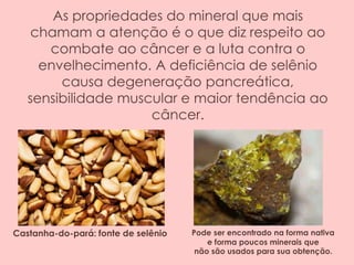 As propriedades do mineral que mais
chamam a atenção é o que diz respeito ao
combate ao câncer e a luta contra o
envelhecimento. A deficiência de selênio
causa degeneração pancreática,
sensibilidade muscular e maior tendência ao
câncer.
Castanha-do-pará: fonte de selênio Pode ser encontrado na forma nativa
e forma poucos minerais que
não são usados para sua obtenção.
 