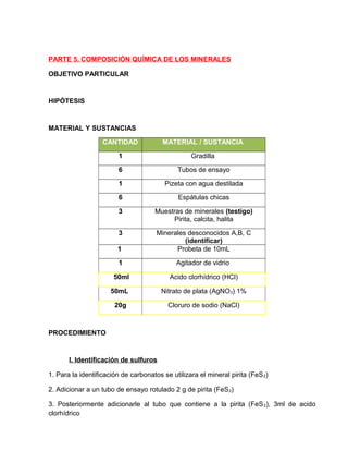 PARTE 5. COMPOSICIÓN QUÍMICA DE LOS MINERALES 
OBJETIVO PARTICULAR 
HIPÓTESIS 
MATERIAL Y SUSTANCIAS 
CANTIDAD MATERIAL / SUSTANCIA 
1 Gradilla 
6 Tubos de ensayo 
1 Pizeta con agua destilada 
6 Espátulas chicas 
3 Muestras de minerales (testigo) 
Pirita, calcita, halita 
3 Minerales desconocidos A,B, C 
(identificar) 
1 Probeta de 10mL 
1 Agitador de vidrio 
50ml Acido clorhídrico (HCl) 
50mL Nitrato de plata (AgNO3) 1% 
20g Cloruro de sodio (NaCl) 
PROCEDIMIENTO 
I. Identificación de sulfuros 
1. Para la identificación de carbonatos se utilizara el mineral pirita (FeS2) 
2. Adicionar a un tubo de ensayo rotulado 2 g de pirita (FeS2) 
3. Posteriormente adicionarle al tubo que contiene a la pirita (FeS2), 3ml de acido 
clorhídrico 
 