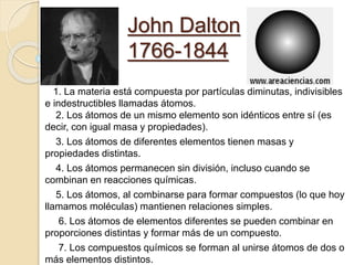 John Dalton
1766-1844
1. La materia está compuesta por partículas diminutas, indivisibles
e indestructibles llamadas átomos.
2. Los átomos de un mismo elemento son idénticos entre sí (es
decir, con igual masa y propiedades).
3. Los átomos de diferentes elementos tienen masas y
propiedades distintas.
4. Los átomos permanecen sin división, incluso cuando se
combinan en reacciones químicas.
5. Los átomos, al combinarse para formar compuestos (lo que hoy
llamamos moléculas) mantienen relaciones simples.
6. Los átomos de elementos diferentes se pueden combinar en
proporciones distintas y formar más de un compuesto.
7. Los compuestos químicos se forman al unirse átomos de dos o
más elementos distintos.
 