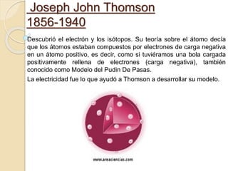 Joseph John Thomson
1856-1940
Descubrió el electrón y los isótopos. Su teoría sobre el átomo decía
que los átomos estaban compuestos por electrones de carga negativa
en un átomo positivo, es decir, como si tuviéramos una bola cargada
positivamente rellena de electrones (carga negativa), también
conocido como Modelo del Pudin De Pasas.
La electricidad fue lo que ayudó a Thomson a desarrollar su modelo.
 