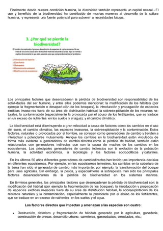 Finalmente desde nuestra condición humana, la diversidad también representa un capital natural. El
uso y beneficio de la biodiversidad ha contribuido de muchas maneras al desarrollo de la cultura
humana, y representa una fuente potencial para subvenir a necesidades futuras.
¿POR QUE SE PIERDE LA BIODIVERSIDAD?
Los principales factores que desencadenan la pérdida de biodiversidad son responsabilidad de las
activi-dades del ser humano, y entre ellas podemos mencionar: la modificación de los hábitats (por
ejemplo la fragmentación o desapari-ción de los bosques), la introducción y propagación de especies
exóticas invaso-ras fuera de su área de distribución habitual, la sobreex-plotación de los recursos na-
turales, la contaminación (especialmente la provocada por el abuso de los fertilizantes, que se traduce
en un exceso de nutrientes en los suelos y el agua), y el cambio climático.
La biodiversidad está disminuyendo a gran velocidad a causa de factores como los cambios en el uso
del suelo, el cambio climático, las especies invasoras, la sobreexplotación y la contaminación. Estos
factores, naturales o provocados por el hombre, se conocen como generadores de cambio y tienden a
interactuar y potenciarse mutuamente. Aunque los cambios en la biodiversidad están vinculados de
forma más evidente a generadores de cambio directos como la pérdida de hábitat, también están
relacionados con generadores indirectos que son la causa de muchos de los cambios en los
ecosistemas. Los principales generadores de cambio indirectos son la evolución de la población
humana, la actividad económica, la tecnología y los factores sociopolíticos y culturales.
En los últimos 50 años diferentes generadores de cambiodirectos han tenido una importancia decisiva
en diferentes ecosistemas. Por ejemplo, en los ecosistemas terrestres, los cambios en la cobertura de
la tierra han sido el generador de cambio más importante, por ejemplo, la transformación del bosque
para usos agrícolas. Sin embargo, la pesca, y especialmente la sobrepesca, han sido los principales
factores desencadenantes de la pérdida de biodiversidad en los sistemas marinos.
En términos generales, los principales factores que desencadenan la pérdida de biodiversidad son: la
modificación del hábitat (por ejemplo la fragmentación de los bosques), la introducción y propagación
de especies exóticas invasoras fuera de su área de distribución habitual, la sobreexplotación de los
recursos naturales y la contaminación, especialmente la provocada por el abuso de los fertilizantes,
que se traduce en un exceso de nutrientes en los suelos y el agua.
Los factores directos que impactan y amenazan a las especies son cuatro:
 Destrucción, deterioro y fragmentación de hábitats generado por la agricultura, ganadería,
construcción de presas, desarrollo urbano, carreteras, gaseoductos, oleoductos, etc.;
 