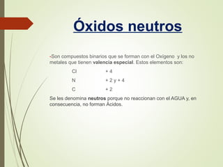 Óxidos neutros
-Son compuestos binarios que se forman con el Oxígeno y los no
metales que tienen valencia especial. Estos elementos son:
Cl + 4
N + 2 y + 4
C + 2
Se les denomina neutros porque no reaccionan con el AGUA y, en
consecuencia, no forman Ácidos.
 