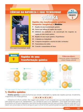 Para o gás nitrogênio (N2) reagir com oxigênio (O2), é necessário que suas moléculas colidam com energia suficiente e em uma orientação determinada.
1. Cinética química
Cinética química é a parte da Química que estuda a velocidade ou rapidez das reações químicas. Inicialmente,
imaginamos uma reação genérica:
Colocamos A e B em contato. Eles reagem para produzir C e D. A rapidez com que esta reação ocorre é notada
pelo tempo em que A e B “desaparecem”, ou o tempo em que C e D “aparecem”. Uma reação será rápida quando
os produtos se formarem depressa e será lenta se esse processo demorar para acontecer. Deve-se notar que A e B
devem ser consumidos no mesmo tempo em que C e D se formam, portanto podemos expressar a rapidez da reação
A + B → C + D
QUÍMICA 137
9
Rapidez de uma
transformação química
• Teoria das colisões • Orientação na
colisão • Energia suficiente
Rapidez das transformações químicas
Compostos inorgânicos – Módulos
9 – Rapidez de uma transformação química
10 – Fatores que influem na rapidez das reações
11 – Influência do catalisador e da concentração dos reagentes na
rapidez de uma reação química
12 – Rapidez de uma reação química. (Experiências)
13 – A Química na Antiguidade
14 – Compostos inorgânicos: conceito de ácido (Arrhenius)
15 – Nomenclatura dos ácidos
16 – Conceito e nomenclatura de bases
Uma reação de precipitação rápida.
C2_1A_QUIM_PROF 30/11/10 09:21 Página 137
 