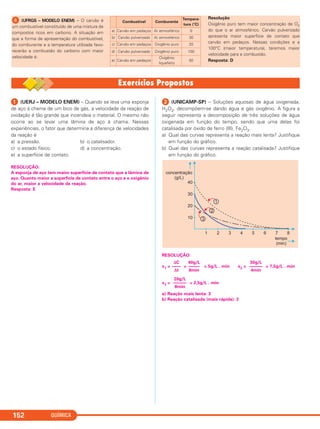 ᕡ (UERJ – MODELO ENEM) – Quando se leva uma esponja
de aço à chama de um bico de gás, a velocidade da reação de
oxidação é tão grande que incendeia o material. O mesmo não
ocorre ao se levar uma lâmina de aço à chama. Nessas
experiências, o fator que determina a diferença de velocidades
da reação é
a) a pressão. b) o catalisador.
c) o estado físico. d) a concentração.
e) a superfície de contato.
RESOLUÇÃO:
A esponja de aço tem maior superfície de contato que a lâmina de
aço. Quanto maior a superfície de contato entre o aço e o oxigênio
do ar, maior a velocidade da reação.
Resposta: E
ᕢ (UNICAMP-SP) – Soluções aquosas de água oxigenada,
H2O2, decompõem-se dando água e gás oxigênio. A figura a
seguir representa a decomposição de três soluções de água
oxigenada em função do tempo, sendo que uma delas foi
catalisada por óxido de ferro (III), Fe2O3.
a) Qual das curvas representa a reação mais lenta? Justifique
em função do gráfico.
b) Qual das curvas representa a reação catalisada? Justifique
em função do gráfico.
RESOLUÇÃO:
v1 = = = 5g/L . min v2 = = 7,5g/L . min
v3 = = 2,5g/L . min
a) Reação mais lenta: 3
b) Reação catalisada (mais rápida): 2
20g/L
––––––
8min
30g/L
––––––
4min
40g/L
–––––
8min
ΔC
––––
Δt
QUÍMICA152
ᕤ (UFRGS – MODELO ENEM) – O carvão é
um combustível constituído de uma mistura de
compostos ricos em carbono. A situação em
que a forma de apresentação do combustível,
do comburente e a temperatura utilizada favo-
recerão a combustão do carbono com maior
velocidade é:
Resolução
Oxigênio puro tem maior concentração de O2
do que o ar atmosférico. Carvão pulverizado
apresenta maior superfície de contato que
carvão em pedaços. Nessas condições e a
100°C (maior temperatura), teremos maior
velocidade para a combustão.
Resposta: D
Combustível Comburente
Tempera-
tura (°C)
a) Carvão em pedaços Ar atmosférico 0
b) Carvão pulverizado Ar atmosférico 30
c) Carvão em pedaços Oxigênio puro 20
d) Carvão pulverizado Oxigênio puro 100
e) Carvão em pedaços
Oxigênio
liquefeito
50
C2_1A_QUIM_PROF 30/11/10 09:21 Página 152
 