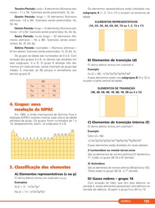 QUÍMICA 185
Terceiro Período: curto – 8 elementos (Números atô-
micos – 11 a 18). Subníveis sendo preenchidos: 3s, 3p.
Quarto Período: longo – 18 elementos (Números
atômicos –19 a 36). Subníveis sendo preenchidos: 4s,
3d, 4p.
Quinto Período: longo – 18 elementos (Números atô-
micos – 37 a 54). Subníveis sendo preenchidos: 5s, 4d, 5p.
Sexto Período: muito longo – 32 elementos (Nú-
meros atômicos – 55 a 86). Subníveis sendo preen-
chidos: 6s, 4f, 5d, 6p.
Sétimo Período: incompleto – (Números atômicos –
87 em diante). Subníveis sendo preenchidos: 7s, 5f, 6d, 7p.
Os grupos da tabela são numerados de 0 a 8. Com
exceção dos grupos 0 e 8, os demais são divididos em
dois subgrupos, A e B. O grupo 8 abrange três ele-
mentos em cada período, sendo chamado de grupo das
tríades. É chamado de 8B porque é semelhante aos
demais grupos B.
4. Grupos: nova
resolução da IUPAC
Em 1985, a União Internacional de Química Pura e
Aplicada (IUPAC) resolveu chamar cada coluna da tabela
periódica de grupo. Os grupos foram numerados de 1 a
18, desaparecendo, assim, os subgrupos A e B.
5. Classificação dos elementos
A) Elementos representativos (s ou p)
O último elétron entrou em subnível s ou p.
Exemplos
N (Z = 7) : 1s22s22p3
Na (Z = 11): 1s22s22p63s1
Os elementos representativos estão colocados nos
subgrupos A (1, 2, 13 a 17) e ocupam os extremos da
tabela.
ELEMENTOS REPRESENTATIVOS
(1A, 2A, 3A, 4A, 5A, 6A, 7A ou 1, 2, 13 a 17)
B) Elementos de transição (d)
O último elétron entrou em subnível d.
Exemplo
Fe (Z = 26): 1s22s22p63s23p64s23d6
Esses elementos estão nos subgrupos B (3 a 12) e
ocupam a parte central da tabela.
ELEMENTOS DE TRANSIÇÃO
(3B, 4B, 5B, 6B, 7B, 8B, 1B, 2B ou 3 a 12)
C) Elementos de transição interna (f)
O último elétron entrou em subnível f.
Exemplo
Cério (Z= 58):
1s22s22p63s23p64s23d104p65s24d105p66s24f2
Esses elementos estão divididos em duas classes:
I) Lantanídeos ou metais terras-raras
São os elementos de número atômico 57 (lantânio) a
71. Estão no grupo 3B (3) e 6.o
período.
II) Actinídeos
São os elementos de número atômico 89 (actínio) a 103.
Todos estão no grupo 3B (3) e 7.o
período.
D) Gases nobres – grupo 18
Com exceção do hélio, que tem dois elétrons na
camada K, esses elementos apresentam oito elétrons na
camada de valência. Ocupam o grupo 0 ou 8A ou 18.
8B
Fe Co Ni
Ru Rh Pd
Os Ir Pt
C2_1A_QUIM_PROF 30/11/10 09:22 Página 185
 