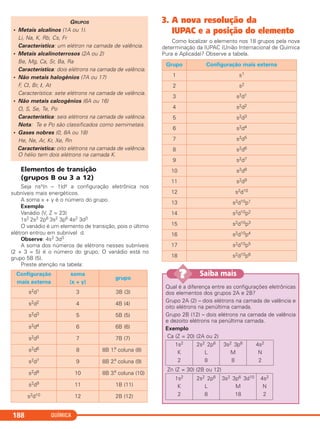 QUÍMICA188
Elementos de transição
(grupos B ou 3 a 12)
Seja nsx(n – 1)dy a configuração eletrônica nos
subníveis mais energéticos.
A soma x + y é o número do grupo.
Exemplo
Vanádio (V, Z = 23)
1s2 2s2 2p6 3s2 3p6 4s2 3d3
O vanádio é um elemento de transição, pois o último
elétron entrou em subnível d.
Observe: 4s2 3d3
A soma dos números de elétrons nesses subníveis
(2 + 3 = 5) é o número do grupo. O vanádio está no
grupo 5B (5).
Preste atenção na tabela:
3. A nova resolução da
IUPAC e a posição do elemento
Como localizar o elemento nos 18 grupos pela nova
determinação da IUPAC (União Internacional de Química
Pura e Aplicada)? Observe a tabela.
Grupo Configuração mais externa
1 s1
2 s2
3 s2d1
4 s2d2
5 s2d3
6 s2d4
7 s2d5
8 s2d6
9 s2d7
10 s2d8
11 s2d9
12 s2d10
13 s2d10p1
14 s2d10p2
15 s2d10p3
16 s2d10p4
17 s2d10p5
18 s2d10p6
Configuração
mais externa
soma
(x + y)
grupo
s2d1 3 3B (3)
s2d2 4 4B (4)
s2d3 5 5B (5)
s2d4 6 6B (6)
s2d5 7 7B (7)
s2d6 8 8B 1.a
coluna (8)
s2d7 9 8B 2.a
coluna (9)
s2d8 10 8B 3.a
coluna (10)
s2d9 11 1B (11)
s2d10 12 2B (12)
GRUPOS
• Metais alcalinos (1A ou 1).
Li, Na, K, Rb, Cs, Fr
Característica: um elétron na camada de valência.
• Metais alcalinoterrosos (2A ou 2)
Be, Mg, Ca, Sr, Ba, Ra
Característica: dois elétrons na camada de valência.
• Não metais halogênios (7A ou 17)
F, Cl, Br, I, At
Característica: sete elétrons na camada de valência.
• Não metais calcogênios (6A ou 16)
O, S, Se, Te, Po
Característica: seis elétrons na camada de valência.
Nota: Te e Po são classificados como semimetais.
• Gases nobres (0, 8A ou 18)
He, Ne, Ar, Kr, Xe, Rn
Característica: oito elétrons na camada de valência.
O hélio tem dois elétrons na camada K.
Qual é a diferença entre as configurações eletrônicas
dos elementos dos grupos 2A e 2B?
Grupo 2A (2) – dois elétrons na camada de valência e
oito elétrons na penúltima camada.
Grupo 2B (12) – dois elétrons na camada de valência
e dezoito elétrons na penúltima camada.
Exemplo
Ca (Z = 20) (2A ou 2)
Zn (Z = 30) (2B ou 12)
1s2
K
2
2s2 2p6
L
8
3s2 3p6 3d10
M
18
4s2
N
2
1s2
K
2
2s2 2p6
L
8
3s2 3p6
M
8
4s2
N
2
Saiba mais??
C2_1A_QUIM_PROF 30/11/10 09:22 Página 188
 