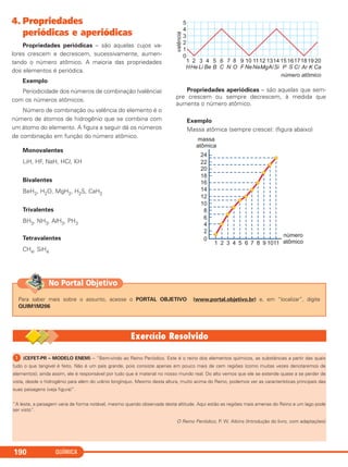 QUÍMICA190
4. Propriedades
periódicas e aperiódicas
Propriedades periódicas – são aquelas cujos va-
lores crescem e decrescem, sucessivamente, aumen-
tando o número atômico. A maioria das propriedades
dos elementos é periódica.
Exemplo
Periodicidade dos números de combinação (valência)
com os números atômicos.
Número de combinação ou valência do elemento é o
número de átomos de hidrogênio que se combina com
um átomo do elemento. A figura a seguir dá os números
de combinação em função do número atômico.
Monovalentes
LiH, HF, NaH, HCl, KH
Bivalentes
BeH2, H2O, MgH2, H2S, CaH2
Trivalentes
BH3, NH3, AlH3, PH3
Tetravalentes
CH4, SiH4
Propriedades aperiódicas – são aquelas que sem-
pre crescem ou sempre decrescem, à medida que
aumenta o número atômico.
Exemplo
Massa atômica (sempre cresce): (figura abaixo)
Para saber mais sobre o assunto, acesse o PORTAL OBJETIVO (www.portal.objetivo.br) e, em “localizar”, digite
QUIM1M206
No Portal Objetivo
ᕡ (CEFET-PR – MODELO ENEM) – “Bem-vindo ao Reino Periódico. Este é o reino dos elementos químicos, as substâncias a partir das quais
tudo o que tangível é feito. Não é um país grande, pois consiste apenas em pouco mais de cem regiões (como muitas vezes denotaremos de
elementos); ainda assim, ele é responsável por tudo que é material no nosso mundo real. Do alto vemos que ele se estende quase a se perder de
vista, desde o hidrogênio para além do urânio longínquo. Mesmo desta altura, muito acima do Reino, podemos ver as características principais das
suas paisagens (veja figura)”.
“A leste, a paisagem varia de forma notável, mesmo quando observada desta altitude. Aqui estão as regiões mais amenas do Reino e um lago pode
ser visto”.
O Reino Periódico, P. W. Atkins (Introdução do livro, com adaptações)
C2_1A_QUIM_PROF 30/11/10 09:22 Página 190
 