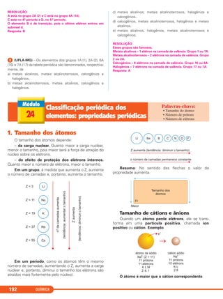 QUÍMICA192
RESOLUÇÃO:
A está no grupo 2A (2) e C está no grupo 4A (14).
C está no 4.o período e D, no 6.o período.
O elemento B é de transição, pois o último elétron entrou em
subnível d.
Resposta: B
ᕣ (UFLA-MG) – Os elementos dos grupos 1A (1), 2A (2), 6A
(16) e 7A (17) da tabela periódica são denominados, respectiva-
mente, de
a) metais alcalinos, metais alcalinoterrosos, calcogênios e
halogênios.
b) metais alcalinoterrosos, metais alcalinos, calcogênios e
halogênios.
c) metais alcalinos, metais alcalinoterrosos, halogênios e
calcogênios.
d) calcogênios, metais alcalinoterrosos, halogênios e metais
alcalinos.
e) metais alcalinos, halogênios, metais alcalinoterrosos e
calcogênios.
RESOLUÇÃO:
Esses grupos são famosos.
Metais alcalinos – 1 elétron na camada de valência. Grupo 1 ou 1A.
Metais alcalinoterrosos – 2 elétrons na camada de valência. Grupo
2 ou 2A.
Calcogênios – 6 elétrons na camada de valência. Grupo 16 ou 6A.
Halogênios – 7 elétrons na camada de valência. Grupo 17 ou 7A.
Resposta: A
24
Classificação periódica dos
elementos: propriedades periódicas
• Tamanho do átomo:
• Número de prótons
• Número de elétrons
1. Tamanho dos átomos
O tamanho dos átomos depende:
– da carga nuclear. Quanto maior a carga nuclear,
menor o tamanho, pois maior será a força de atração do
núcleo sobre os elétrons.
– do efeito de proteção dos elétrons internos.
Quanto maior o número de elétrons, maior o tamanho.
Em um grupo, à medida que aumenta o Z, aumenta
o número de camadas e, portanto, aumenta o tamanho.
Em um período, como os átomos têm o mesmo
número de camadas, aumentando o Z, aumenta a carga
nuclear e, portanto, diminui o tamanho (os elétrons são
atraídos mais fortemente pelo núcleo).
Resumo: No sentido das flechas o valor da
propriedade aumenta.
Tamanho de cátions e ânions
Quando um átomo perde elétrons, ele se trans-
forma em uma partícula positiva, chamada íon
positivo ou cátion. Exemplo
O átomo é maior que o cátion correspondente.
C2_1A_QUIM_PROF 30/11/10 09:22 Página 192
 