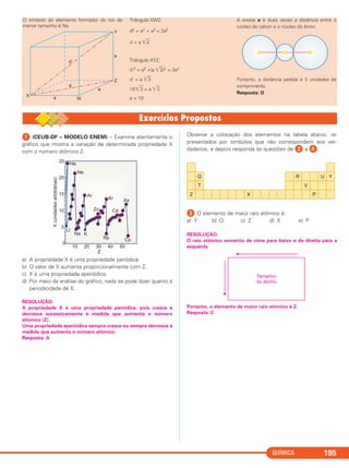 QUÍMICA 195
ᕡ (CEUB-DF – MODELO ENEM) – Examine atentamente o
gráfico que mostra a variação de determinada propriedade X
com o número atômico Z.
a) A propriedade X é uma propriedade periódica.
b) O valor de X aumenta proporcionalmente com Z.
c) X é uma propriedade aperiódica.
d) Por meio da análise do gráfico, nada se pode dizer quanto à
periodicidade de X.
RESOLUÇÃO:
A propriedade X é uma propriedade periódica, pois cresce e
decresce sucessivamente à medida que aumenta o número
atômico (Z).
Uma propriedade aperiódica sempre cresce ou sempre decresce à
medida que aumenta o número atômico.
Resposta: A
Observe a colocação dos elementos na tabela abaixo, re-
presentados por símbolos que não correspondem aos ver-
dadeiros, e depois responda às questões de ᕢ a ᕤ.
ᕢ O elemento de maior raio atômico é:
a) Y b) Q c) Z d) X e) P
RESOLUÇÃO:
O raio atômico aumenta de cima para baixo e da direita para a
esquerda
Portanto, o elemento de maior raio atômico é Z.
Resposta: C
O símbolo do elemento formador do íon de
menor tamanho é Na.
Triângulo XWZ:
d2 = a2 + a2 = 2a2
d = a ͙ෆ2
Triângulo XYZ:
d’2 = a2 +(a ͙ෆ2)2 = 3a2
d’ = a ͙ෆ3
10͙ෆ3 = a ͙ෆ3
a = 10
A aresta a é duas vezes a distância entre o
núcleo do cátion e o núcleo do ânion.
Portanto, a distância pedida é 5 unidades de
comprimento.
Resposta: D
C2_1A_QUIM_PROF 30/11/10 09:22 Página 195
 