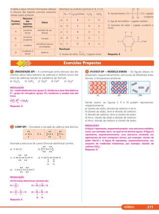 QUÍMICA 211
ᕡ (MACKENZIE-SP) – A combinação entre átomos dos ele-
mentos cálcio (dois elétrons de valência) e fósforo (cinco elé-
trons de valência) resulta na substância de fórmula
a) Ca3P2 b) CaP3 c) Ca3P d) CaP e) Ca2P
RESOLUÇÃO:
Ca – metal alcalinoterroso (grupo 2), tendência a doar dois elétrons.
P – grupo do nitrogênio (grupo 15), tendência a receber três elé-
trons.
Ca2+
3
P3 –
2
= Ca3P2
Resposta: A
ᕢ (UNIP-SP) – Considere a camada de valência dos átomos.
Assinale a estrutura de Lewis (fórmula eletrônica) correta.
• • • •
a) H • • Cl b) •
• H • • Cl •
•
• • • •
• • • •
c) H • • N • • N • • H d) H • • N • • N • • H
• • • • •
•
•
•
H H
• • • •
e) H • • O • • O • • H
• • • •
RESOLUÇÃO:
As fórmulas eletrônicas corretas são
•• •• ••
H •• Cl •
• H •• N •
•
•
• N •• H
••
•• •• •• ••
H •• O •• O •• H H •• N •• N •• H
•• •• •
•
•
•
H H
Resposta: E
ᕣ (FUVEST-SP – MODELO ENEM) – As figuras abaixo re-
presentam, esquematicamente, estruturas de diferentes subs-
tâncias, à temperatura ambiente.
Sendo assim, as figuras I, II e III podem representar,
respectivamente,
a) cloreto de sódio, dióxido de carbono e ferro.
b) cloreto de sódio, ferro e dióxido de carbono.
c) dióxido de carbono, ferro e cloreto de sódio.
d) ferro, cloreto de sódio e dióxido de carbono.
e) ferro, dióxido de carbono e cloreto de sódio.
RESOLUÇÃO:
A figura I representa, esquematicamente, uma estrutura metálica,
como, por exemplo, ferro, no qual só há átomos iguais. A figura II
representa, esquematicamente, uma estrutura contendo um
aglomerado de íons (composto iônico), por exemplo, cloreto de
sódio (Na+Cl–). A figura III representa, esquematicamente, um
conjunto de moléculas triatômicas, por exemplo, dióxido de
carbono (CO2).
Resposta: D
• •
• N •
•
H •
• •
•
• Cl •
• •
• •
•
• O •
•
A tabela a seguir fornece informações relativas
à natureza das ligações químicas presentes
nesses quatro produtos:
Identifique os produtos químicos A, B, C e D.
Resolução
2+ 1–
A: cloreto de cálcio: Ca Cl2 – Ligação iônica
Cl Cl
| |
B: hexacloroetano: Cl — C — C — Cl – Ligação
| |
covalenteCl Cl
C: liga de ferro-titânio – Ligação metálica
D: benzoato de sódio – Ligação covalente e
iônica
Resposta: E
C
H — C
C
C — C — O–Na+
CC
H H
H H
O
Fe – Ti C6H5COONa C2Cl6 CaCl2
a) A B C D
b) D C B A
c) C B D A
d) B A D C
e) C D B A
Produto
químico
Natureza
das
ligações
químicas
Efeito
A
somente
iônica
estrelas de cor
laranja
B
somente
covalente
fumaça
C metálica
centelhas branco-
amareladas
D
covalente e
iônica
assovio
C2_1A_QUIM_ALICE_PROF 08/09/11 12:47 Página 211
 