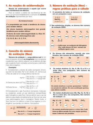 QUÍMICA 213
1. As reações de oxidorredução
Reação de oxidorredução é aquela que ocorre
com transferência de elétrons.
Para se realizar a análise de transferência de elé-
trons, os químicos estabeleceram o conceito de número
de oxidação (representado por Nox).
2. Conceito de número
de oxidação (Nox)
Número de oxidação é a carga elétrica real do íon
(nos compostos iônicos) ou imaginária (nos compostos
covalentes) que o átomo adquire, se os elétrons da liga-
ção covalente forem contados somente para o elemento
mais eletronegativo.
Exemplos
I) Considerando o cloreto de sódio (composto iônico),
que tem íon de sódio: Na+ e íon cloreto: Cl–
, temos que
o Nox de cada íon é a carga elétrica real do íon.
IV)Considerando o gás fluorídrico (composto molecular
ou covalente), existe um par eletrônico compartilhado
pelo hidrogênio e pelo flúor. Vamos admitir que o par de
elétrons seja doado completamente ao flúor por ser este
mais eletronegativo que o hidrogênio. Deste modo, o
flúor fica com um elétron a mais e fica negativo, e o hi-
drogênio, que perdeu um elétron, fica positivo.
3. Número de oxidação (Nox) –
regras práticas para o cálculo
1. A somatória de todos os números de oxidação
em um composto é zero.
ou
2. Nas substâncias simples, os átomos têm número
de oxidação ZERO.
3. Os átomos dos elementos, quando não com-
binados, têm número de oxidação ZERO.
4. Os metais alcalinos (Li, Na, K, Rb, Cs e Fr) e a
prata (Ag), nos compostos, têm número de
oxidação +1.
5. Os metais alcalinoterrosos (Be, Mg, Ca, Sr, Ba e
Ra) e o zinco (Zn), nos compostos, têm número
de oxidação + 2.
NaCl K2SO4Na (Z = 11)
K L M
2 8 1
Os metais alcalinos e a prata apresentam 1 elétron
na camada de valência. Em uma combinação química,
esse elétron é cedido.
+ 1 + 1 + 1
AgNO3
Na Fe Ag Zn Au
zero zero zero zero zero
H2 O2 S8
P4 Cn
zero zero zero zero zero
zero indica que, na molécula de hidrogênio
(H2), cada átomo (H) tem número de
oxidação igual a zero.
H • x H
0 0
H2
F2
zero
1+ 3+ 2– 2–
NaClOO
1+ 3+ 2–
NaClO2
+1 +3 –4 = 0
–
H F
• •
• •
••
teoricamente
H+
+ x
Nox do H = + 1 (carga imaginária)
Nox do F = – 1 (carga imaginária)
HF
F
• •
• •
••
•x •
Na+Cl– Nox do Na = + 1 (carga real)
Nox do Cl = – 1 (carga real)
Ca2+Cl– Nox do Ca = + 2
Nox do Cl = – 12
Fe3+
O2– Nox do Fe = + 3
Nox do O = – 22 3
II) Cloreto de cálcio:
III)Óxido férrico:
Ά
Ά
Ά
ELETRONEGATIVIDADE
É a propriedade que mede a tendência do átomo
para receber elétron.
Um átomo bastante eletronegativo tem grande
tendência para receber elétron.
O átomo de maior eletronegatividade é o flúor (F).
Os átomos mais eletronegativos são:
F, O, N, Cl, Br, I, S, C, P, H...
eletronegatividade decrescente
⎯⎯⎯⎯⎯⎯⎯⎯⎯⎯⎯⎯⎯→
Mg (Z = 12)
K L M
2 8 2
Os metais alcalinoterrosos e o zinco têm 2 elé-
trons na última camada. Em uma reação química,
esses 2 elétrons são perdidos.
BaCl MgSO4
+ 2 + 2 + 2
2 ZnCl2
C2_1A_QUIM_PROF 30/11/10 09:22 Página 213
 