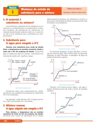 QUÍMICA142
1. O material é
substância ou mistura?
Uma diferença importante entre substância pura e
mistura é o comportamento no aquecimento, a pres-
são constante. Ao aquecermos ou resfriarmos um
material desconhecido, podemos dizer se o mesmo é
ou não é uma substância pura, verificando seu com-
portamento.
2. Substância pura
A água pura congela a 0°C
Quando uma substância pura muda de estado
físico, a temperatura se mantém constante, desde o
início até o fim da mudança de estado. Aquecendo
gelo, à medida que decorre o tempo, a temperatura vai
variando de acordo com o gráfico a seguir:
Aquecimento de água pura.
Verificamos, assim, que o aquecimento (ou resfria-
mento) de uma substância pura apresenta 2 patamares
(PF e PE constantes).
Por exemplo, o gelo derrete a 0°C e a água pura fer-
ve a 100°C (sob pressão de 1 atmosfera).
3. Mistura comum
A água salgada não congela a 0°C
Para mistura, a temperatura não se mantém
constante do início ao fim da mudança de estado.
Verifica-se que o ponto de solidificação de um líquido
abaixa quando se dissolve uma substância no mesmo, e
que o ponto de ebulição do líquido aumenta quando nele
se dissolve uma substância.
Solidificação de água salgada.
As partículas dispersas na água dificultam a forma-
ção do cristal de gelo. Pela mesma razão, as partículas
dispersas na água dificultam a passagem da água do
estado líquido para o gasoso.
Aquecimento de água doce.
Portanto, uma mistura comum (água + sal, água +
açúcar) apresenta ponto de fusão e ponto de ebulição
variáveis.
Aquecimento de uma mistura comum.
5
Mudança de estado de
substância pura e mistura • Substância • Mistura • Efeito estufa
C11A_QUIM_2013_ALICE 10/09/12 12:50 Página 142
 