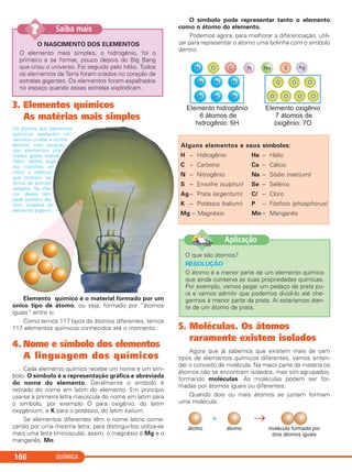 QUÍMICA166
3. Elementos químicos
As matérias mais simples
Os átomos dos elementos
químicos aparecem na
natureza unidos a outros
átomos, com exceção
dos elementos cha-
mados gases nobres
(hélio, neônio, argô-
nio, criptônio, xe-
nônio e radônio)
que ocorrem na
forma de átomos
isolados. No inte-
rior dessa lâm-
pada existem áto-
mos isolados do
elemento argônio.
Elemento químico é o material formado por um
único tipo de átomo, ou seja, formado por “átomos
iguais” entre si.
Como temos 117 tipos de átomos diferentes, temos
117 elementos químicos conhecidos até o momento.
4. Nome e símbolo dos elementos
A linguagem dos químicos
Cada elemento químico recebe um nome e um sím-
bolo. O símbolo é a representação gráfica e abreviada
do nome do elemento. Geralmente o símbolo é
retirado do nome em latim do elemento. Em princípio
usa-se a primeira letra maiúscula do nome em latim para
o símbolo, por exemplo O para oxigênio, do latim
oxygenium, e K para o potássio, do latim kalium.
Se elementos diferentes têm o nome latino come-
çando por uma mesma letra, para distingui-los utiliza-se
mais uma letra (minúscula); assim, o magnésio é Mg e o
manganês, Mn.
O símbolo pode representar tanto o elemento
como o átomo do elemento.
Podemos agora, para melhorar a diferenciação, utili-
zar para representar o átomo uma bolinha com o símbolo
dentro.
5. Moléculas. Os átomos
raramente existem isolados
Agora que já sabemos que existem mais de cem
tipos de elementos químicos diferentes, vamos enten-
der o conceito de molécula. Na maior parte da matéria os
átomos não se encontram isolados, mas sim agrupados,
formando moléculas. As moléculas podem ser for-
madas por átomos iguais ou diferentes.
Quando dois ou mais átomos se juntam formam
uma molécula.
Alguns elementos e seus símbolos:
H – Hidrogênio He – Hélio
C – Carbono Ca – Cálcio
N – Nitrogênio Na – Sódio (natrium)
S – Enxofre (sulphur) Se – Selênio
Ag – Prata (argentum) Cl – Cloro
K – Potássio (kalium) P – Fósforo (phosphorus)
Mg – Magnésio Mn – Manganês
O NASCIMENTO DOS ELEMENTOS
O elemento mais simples, o hidrogênio, foi o
primeiro a se formar, pouco depois do Big Bang
que criou o universo. Foi seguido pelo hélio. Todos
os elementos da Terra foram criados no coração de
estrelas gigantes. Os elementos foram espalhados
no espaço quando essas estrelas explodiram.
Saiba mais??
O que são átomos?
RESOLUÇÃO
O átomo é a menor parte de um elemento químico
que ainda conserva as suas propriedades químicas.
Por exemplo, vamos pegar um pedaço de prata pu-
ra e vamos admitir que podemos dividi-lo até che-
garmos à menor parte da prata. Aí estaríamos dian-
te de um átomo de prata.
Aplicação
C11A_QUIM_2013_ALICE 10/09/12 12:50 Página 166
 