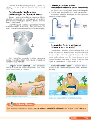 QUÍMICA 195
Para fazer o cafezinho árabe, deixa-se a mistura em
repouso para que o pó se deposite no fundo do
recipiente.
Centrifugação. Acelerando a
sedimentação da fase mais densa
Quando a sedimentação da fase mais densa é lenta,
ela pode ser acelerada por centrifugação em uma má-
quina chamada centrífuga. A fase mais densa é arrastada
para o fundo do tubo.
A centrifugação é usada na separação da manteiga
do leite na indústria de laticínios. O leite, mais denso, vai
para o fundo, enquanto a manteiga fica na parte superior.
Com a centrífuga operando, os tubos contendo a
mistura heterogênea ficam na horizontal (marcado na
figura em linha pontilhada).
Sifonação. Como retirar
combustível do tanque de um automóvel?
Na decantação, a parte menos densa, que fica na par-
te superior, pode ser retirada com o auxílio de um sifão.
Para retirar gasolina do tanque de um automóvel
realiza-se uma sifonação.
Sifonação.
Levigação. Como o garimpeiro
separa o ouro da areia?
Submete-se a mistura a uma corrente de água. Esta
arrasta as partículas menos densas enquanto as mais
densas se depositam no fundo. O processo é muito
usado na obtenção do ouro. Nos rios, as pepitas de ouro
estão misturadas com areia e outros materiais. Nas
minas, as pepitas estão incrustadas em rochas.
A bateia é uma gamela (vasilha de madeira ouLevigação: a água arrasta as partículas
de barro com a forma de escudela grande) que se usa nade areia enquanto as partículas de ouro se sedimentam.
lavagem das areias auríferas ou do cascalho diamantífero.
Levigação usando a bateia. As partículas de ouro
ficam no fundo da bateia enquanto a areia é arrastada
pela água.
Levigação usando a canaleta. A areia é arrastada
pela água através da canaleta enquanto o ouro, mais
denso, fica no fundo da canaleta.
Para saber mais sobre o assunto, acesse o PORTAL OBJETIVO (www.portal.objetivo.br) e, em “localizar”, digite QUIM1M120
No Portal Objetivo
C11A_QUIM_2013_ALICE 10/09/12 12:51 Página 195
 