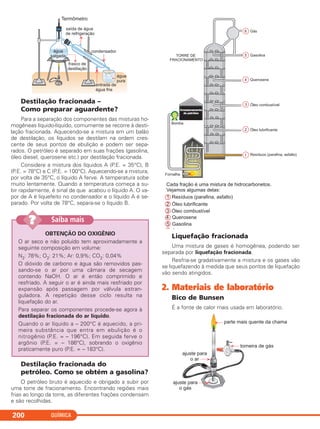 QUÍMICA200
OBTENÇÃO DO OXIGÊNIO
O ar seco e não poluído tem aproximadamente a
seguinte composição em volume:
N2: 78%; O2: 21%; Ar: 0,9%; CO2: 0,04%
O dióxido de carbono e água são removidos pas-
sando-se o ar por uma câmara de secagem
contendo NaOH. O ar é então comprimido e
resfriado. A seguir o ar é ainda mais resfriado por
expansão após passagem por válvula estran-
guladora. A repetição desse ciclo resulta na
liquefação do ar.
Para separar os componentes procede-se agora à
destilação fracionada do ar líquido.
Quando o ar líquido a – 200°C é aquecido, a pri-
meira substância que entra em ebulição é o
nitrogênio (P.E. = – 196°C). Em seguida ferve o
argônio (P.E. = – 186°C), sobrando o oxigênio
praticamente puro (P.E. = – 183°C).
Saiba mais??
Destilação fracionada –
Como preparar aguardente?
Para a separação dos componentes das misturas ho-
mogêneas líquido-líquido, comumente se recorre à desti-
lação fracionada. Aquecendo-se a mistura em um balão
de destilação, os líquidos se destilam na ordem cres-
cente de seus pontos de ebulição e podem ser sepa-
rados. O petróleo é separado em suas frações (gasolina,
óleo diesel, querosene etc.) por destilação fracionada.
Considere a mistura dos líquidos A (P.E. = 35°C), B
(P.E. = 78°C) e C (P.E. = 100°C). Aquecendo-se a mistura,
por volta de 35°C, o líquido A ferve. A temperatura sobe
muito lentamente. Quando a temperatura começa a su-
bir rapidamente, é sinal de que acabou o líquido A. O va-
por de A é liquefeito no condensador e o líquido A é se-
parado. Por volta de 78°C, separa-se o líquido B.
Destilação fracionada do
petróleo. Como se obtém a gasolina?
O petróleo bruto é aquecido e obrigado a subir por
uma torre de fracionamento. Encontrando regiões mais
frias ao longo da torre, as diferentes frações condensam
e são recolhidas.
Liquefação fracionada
Uma mistura de gases é homogênea, podendo ser
separada por liquefação fracionada.
Resfria-se gradativamente a mistura e os gases vão
se liquefazendo à medida que seus pontos de liquefação
vão sendo atingidos.
2. Materiais de laboratório
Bico de Bunsen
É a fonte de calor mais usada em laboratório.
C11A_QUIM_2013_ALICE 10/09/12 12:51 Página 200
 