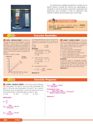 QUÍMICA204
Ao colocarmos o pedaço de papel em contato com o
álcool, haverá a difusão do mesmo por capilaridade e,
atingindo a marca da caneta, provocará a separação dos
pigmentos que compõem a tinta. O pigmento mais
solúvel no álcool será arrastado para mais longe.
ᕡ (UERJ – MODELO ENEM) – O álcool etí-
lico (etanol), entre outras aplicações, tem sido
utilizado no Brasil como fonte energética
alternativa, sendo largamente empregado co-
mo combustível para veículos automotores. É
fabricado, em nosso país, principalmente por
fermentação da sacarose extraída da cana-de-
açúcar e é solúvel em água em qualquer pro-
porção.
Considere o gráfico a seguir:
A massa específica de uma mistura forma-
da por 80 mL de álcool e 20 mL de água, ad-
mitindo-se a aditividade de volumes, é, em g.
mL–1,
a) 0,84 b) 0,88
c) 0,92 d) 0,96
Resolução
I) Massa de 80mL de álcool
1mL de álcool ––––– 0,8g
80mL de álcool ––––– x
x = 64g
II) Massa de 20mL de água
1mL de água ––––– 1g
20mL de água ––––– y
y = 20g
III) Densidade da mistura
m 84g
d = –––– = ––––––– = 0,84g/mL
V 100mL
Resposta: A
ᕢ (UNESP – MODELO ENEM) – Tintura de
iodo é uma solução alcoólica de I2 e KI. Deixou-
se um frasco dessa solução aberto e depois de
certo tempo observou-se que restavam no
fundo grãos de cores violeta e branca.
Pode-se concluir que
a) a mistura original era heterogênea.
b) ocorreu cristalização da solução.
c) ocorreu sublimação dos componentes.
d) ocorreu vaporização do soluto.
e) ocorreu vaporização do solvente, restando
cristais de iodo e de iodeto de potássio.
Resolução
A mistura original é homogênea (solução).
Ocorreu vaporização do álcool (solvente) e uma
cristalização das substâncias dissolvidas. Os
cristais de iodo têm cor violeta enquanto os
cristais de iodeto de potássio são brancos.
Resposta: E
ᕡ (UFMG – MODELO ENEM) – Uma coroa contém 579 g de
ouro (densidade 19,3 g/cm3), 90 g de cobre (densidade 9,0
g/cm3), 105 g de prata (densidade 10,5 g/cm3). Se o volume
final dessa coroa corresponder à soma dos volumes de seus
três componentes, a densidade dela, em g/cm3, será
a) 10,5. b) 12,9. c) 15,5. d) 19,3.
RESOLUÇÃO:
V =
VAu = = 30 cm3
VCu = = 10 cm3
VAg = = 10 cm3
Densidade da coroa:
d = ≅ 15,5 g/cm3
Resposta: C
579g + 90g + 105g
–––––––––––––––––––––––
30 cm3 + 10 cm3 + 10 cm3
105g
–––––––––
10,5 g/cm3
90g
–––––––––
9,0 g/cm3
579g
–––––––––
19,3 g/cm3
m
––
d
Para saber mais sobre o assunto, acesse o PORTAL
OBJETIVO (www.portal.objetivo.br) e, em “localizar”,
digite QUIM1M123
No Portal Objetivo
C11A_QUIM_2013_ALICE 10/09/12 12:51 Página 204
 