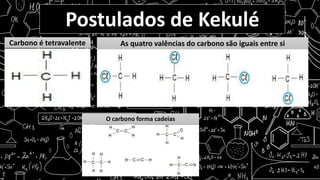 Postulados de Kekulé
Carbono é tetravalente As quatro valências do carbono são iguais entre si
O carbono forma cadeias
 
