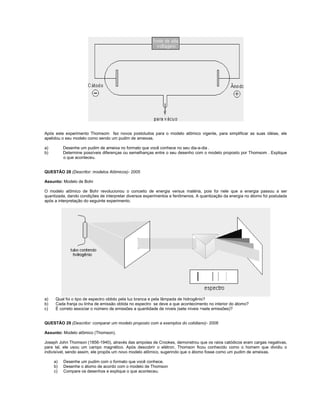 Após este experimento Thomsom fez novos postoludos para o modelo atômico vigente, para simplificar as suas idéias, ele
apelidou o seu modelo como sendo um pudim de ameixas.

a)        Desenhe um pudim de ameixa no formato que você conhece no seu dia-a-dia .
b)        Determine possíveis diferenças ou semelhanças entre o seu desenho com o modelo proposto por Thomsom . Explique
          o que aconteceu.


QUESTÃO 28 (Descritor: modelos Atômicos)- 2005

Assunto: Modelo de Bohr

O modelo atômico de Bohr revolucionou o conceito de energia versus matéria, pois foi nele que a energia passou a ser
quantizada, dando condições de interpretar diversos experimentos e fenômenos. A quantização da energia no átomo foi postulada
após a interpretação do seguinte experimento.




a)   Qual foi o tipo de espectro obtido pela luz branca e pela lâmpada de hidrogênio?
b)   Cada franja ou linha de emissão obtida no espectro se deve a que acontecimento no interior do átomo?
c)   É correto associar o número de emissões a quantidade de níveis (sete níveis =sete emissões)?


QUESTÃO 29 (Descritor: comparar um modelo proposto com a exemplos do cotidiano)- 2006

Assunto: Modelo atômico (Thomson).

Joseph John Thomson (1856-1940), através das ampolas de Crookes, demonstrou que os raios catódicos eram cargas negativas,
para tal, ele usou um campo magnético. Após descobrir o elétron, Thomson ficou conhecido como o homem que dividiu o
indivisível, sendo assim, ele propôs um novo modelo atômico, sugerindo que o átomo fosse como um pudim de ameixas.

     a)   Desenhe um pudim com o formato que você conhece.
     b)   Desenhe o átomo de acordo com o modelo de Thomson
     c)   Compare os desenhos e explique o que aconteceu.
 