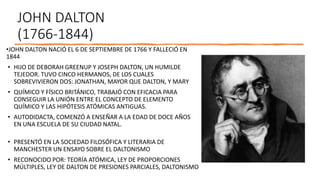 JOHN DALTON
(1766-1844)
•JOHN DALTON NACIÓ EL 6 DE SEPTIEMBRE DE 1766 Y FALLECIÓ EN
1844
• HIJO DE DEBORAH GREENUP Y JOSEPH DALTON, UN HUMILDE
TEJEDOR. TUVO CINCO HERMANOS, DE LOS CUALES
SOBREVIVIERON DOS: JONATHAN, MAYOR QUE DALTON, Y MARY
• QUÍMICO Y FÍSICO BRITÁNICO, TRABAJÓ CON EFICACIA PARA
CONSEGUIR LA UNIÓN ENTRE EL CONCEPTO DE ELEMENTO
QUÍMICO Y LAS HIPÓTESIS ATÓMICAS ANTIGUAS.
• AUTODIDACTA, COMENZÓ A ENSEÑAR A LA EDAD DE DOCE AÑOS
EN UNA ESCUELA DE SU CIUDAD NATAL.
• PRESENTÓ EN LA SOCIEDAD FILOSÓFICA Y LITERARIA DE
MANCHESTER UN ENSAYO SOBRE EL DALTONISMO
• RECONOCIDO POR: TEORÍA ATÓMICA, LEY DE PROPORCIONES
MÚLTIPLES, LEY DE DALTON DE PRESIONES PARCIALES, DALTONISMO
 
