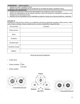 30
Actividad 12
Investiga en tu libro de texto, internet o en la biblioteca de aula los siguientes conceptos: enlace químico, enlace
iónico, enlace covalente, enlace covalente polar y no polar completando la siguiente tabla:
Tipo de enlace Concepto
Enlace químico
Iónico
Covalente
Covalente polar
Covalente no polar
Metálico
TIPOS DE ENLACES QUÍMICOS
• Enlace iónico
• Enlace covalente Polar
No polar
• Enlace metálico
CONTENIDOS: Enlace químico.
• Modelos de enlace: covalente e iónico.
• Relación entre las propiedades de las sustancias con el modelo de enlace: covalente e iónico.
APRENDIZAJES ESPERADOS
• Identifica las partículas e interacciones electrostáticas que mantienen unidos a los átomos.
• Explica las características de los enlaces químicos a partir del modelo de compartición (covalente) y de
transferencia de electrones (iónico).
• Identifica que las propiedades de los materiales se explican a través de su estructura (atómica, molecular).
 