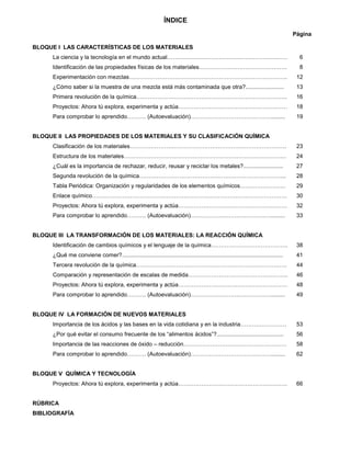 4
ÍNDICE
Página
BLOQUE I LAS CARACTERÍSTICAS DE LOS MATERIALES
La ciencia y la tecnología en el mundo actual……………………………………………………… 6
Identificación de las propiedades físicas de los materiales………………………………………. 8
Experimentación con mezclas……………………………………………………………………….. 12
¿Cómo saber si la muestra de una mezcla está más contaminada que otra?........................ 13
Primera revolución de la química……………………………………………………………………. 16
Proyectos: Ahora tú explora, experimenta y actúa………………………………………………… 18
Para comprobar lo aprendido………. (Autoevaluación)……………………………………......... 19
BLOQUE II LAS PROPIEDADES DE LOS MATERIALES Y SU CLASIFICACIÓN QUÍMICA
Clasificación de los materiales………………………………………………………………………. 23
Estructura de los materiales…………………………………………………………………………. 24
¿Cuál es la importancia de rechazar, reducir, reusar y reciclar los metales?......................... 27
Segunda revolución de la química………………………………………………………………….. 28
Tabla Periódica: Organización y regularidades de los elementos químicos…………………… 29
Enlace químico………………………………………………………………………………………… 30
Proyectos: Ahora tú explora, experimenta y actúa………………………………………………… 32
Para comprobar lo aprendido………. (Autoevaluación)……………………………………......... 33
BLOQUE III LA TRANSFORMACIÓN DE LOS MATERIALES: LA REACCIÓN QUÍMICA
Identificación de cambios químicos y el lenguaje de la química…………………………………. 38
¿Qué me conviene comer?..................................................................................................... 41
Tercera revolución de la química……………………………………………………………………. 44
Comparación y representación de escalas de medida……………………………………………. 46
Proyectos: Ahora tú explora, experimenta y actúa………………………………………………… 48
Para comprobar lo aprendido………. (Autoevaluación)……………………………………......... 49
BLOQUE IV LA FORMACIÓN DE NUEVOS MATERIALES
Importancia de los ácidos y las bases en la vida cotidiana y en la industria…………………… 53
¿Por qué evitar el consumo frecuente de los “alimentos ácidos”?.......................................... 56
Importancia de las reacciones de óxido – reducción……………………………………………… 58
Para comprobar lo aprendido………. (Autoevaluación)……………………………………......... 62
BLOQUE V QUÍMICA Y TECNOLOGÍA
Proyectos: Ahora tú explora, experimenta y actúa………………………………………………… 66
RÚBRICA
BIBLIOGRAFÍA
 