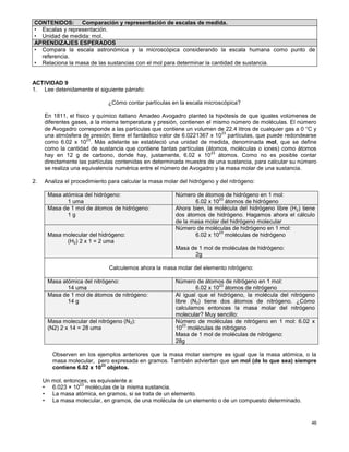 46
ACTIVIDAD 9
1. Lee detenidamente el siguiente párrafo:
¿Cómo contar partículas en la escala microscópica?
En 1811, el físico y químico italiano Amadeo Avogadro planteó la hipótesis de que iguales volúmenes de
diferentes gases, a la misma temperatura y presión, contienen el mismo número de moléculas. El número
de Avogadro corresponde a las partículas que contiene un volumen de 22.4 litros de cualquier gas a 0 °C y
una atmósfera de presión; tiene el fantástico valor de 6.0221367 x 10
23
partículas, que puede redondearse
como 6.02 x 10
23
. Más adelante se estableció una unidad de medida, denominada mol, que se define
como la cantidad de sustancia que contiene tantas partículas (átomos, moléculas o iones) como átomos
hay en 12 g de carbono, donde hay, justamente, 6.02 x 10
23
átomos. Como no es posible contar
directamente las partículas contenidas en determinada muestra de una sustancia, para calcular su número
se realiza una equivalencia numérica entre el número de Avogadro y la masa molar de una sustancia.
2. Analiza el procedimiento para calcular la masa molar del hidrógeno y del nitrógeno:
Masa atómica del hidrógeno:
1 uma
Número de átomos de hidrógeno en 1 mol:
6.02 x 10
23
átomos de hidrógeno
Masa de 1 mol de átomos de hidrógeno:
1 g
Ahora bien, la molécula del hidrógeno libre (H2) tiene
dos átomos de hidrógeno. Hagamos ahora el cálculo
de la masa molar del hidrógeno molecular
Masa molecular del hidrógeno:
(H2) 2 x 1 = 2 uma
Número de moléculas de hidrógeno en 1 mol:
6.02 x 10
23
moléculas de hidrógeno
Masa de 1 mol de moléculas de hidrógeno:
2g
Calculemos ahora la masa molar del elemento nitrógeno:
Masa atómica del nitrógeno:
14 uma
Número de átomos de nitrógeno en 1 mol:
6.02 x 10
23
átomos de nitrógeno
Masa de 1 mol de átomos de nitrógeno:
14 g
Al igual que el hidrógeno, la molécula del nitrógeno
libre (N2) tiene dos átomos de nitrógeno. ¿Cómo
calculamos entonces la masa molar del nitrógeno
molecular? Muy sencillo:
Masa molecular del nitrógeno (N2):
(N2) 2 x 14 = 28 uma
Número de moléculas de nitrógeno en 1 mol: 6.02 x
10
23
moléculas de nitrógeno
Masa de 1 mol de moléculas de nitrógeno:
28g
Observen en los ejemplos anteriores que la masa molar siempre es igual que la masa atómica, o la
masa molecular, pero expresada en gramos. También adviertan que un mol (de lo que sea) siempre
contiene 6.02 x 10
23
objetos.
Un mol, entonces, es equivalente a:
• 6.023 × 10
23
moléculas de la misma sustancia.
• La masa atómica, en gramos, si se trata de un elemento.
• La masa molecular, en gramos, de una molécula de un elemento o de un compuesto determinado.
CONTENIDOS: Comparación y representación de escalas de medida.
• Escalas y representación.
• Unidad de medida: mol.
APRENDIZAJES ESPERADOS
• Compara la escala astronómica y la microscópica considerando la escala humana como punto de
referencia.
• Relaciona la masa de las sustancias con el mol para determinar la cantidad de sustancia.
 