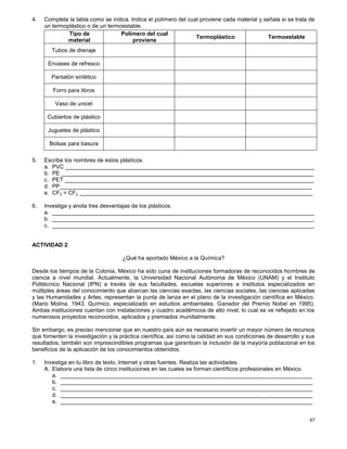 67
4. Completa la tabla como se indica. Indica el polímero del cual proviene cada material y señala si se trata de
un termoplástico o de un termoestable.
5. Escribe los nombres de estos plásticos.
a. PVC _______________________________________________________________________________
b. PE ________________________________________________________________________________
c. PET _______________________________________________________________________________
d. PP________________________________________________________________________________
e. CF2 = CF2 __________________________________________________________________________
6. Investiga y anota tres desventajas de los plásticos.
a. ___________________________________________________________________________________
b. ___________________________________________________________________________________
c. ___________________________________________________________________________________
ACTIVIDAD 2
¿Qué ha aportado México a la Química?
Desde los tiempos de la Colonia, México ha sido cuna de instituciones formadoras de reconocidos hombres de
ciencia a nivel mundial. Actualmente, la Universidad Nacional Autónoma de México (UNAM) y el Instituto
Politécnico Nacional (IPN) a través de sus facultades, escuelas superiores e institutos especializados en
múltiples áreas del conocimiento que abarcan las ciencias exactas, las ciencias sociales, las ciencias aplicadas
y las Humanidades y Artes, representan la punta de lanza en el plano de la investigación científica en México.
(Mario Molina. 1943. Químico, especializado en estudios ambientales. Ganador del Premio Nobel en 1995).
Ambas instituciones cuentan con instalaciones y cuadro académicos de alto nivel, lo cual se ve reflejado en los
numerosos proyectos reconocidos, aplicados y premiados mundialmente.
Sin embargo, es preciso mencionar que en nuestro país aún es necesario invertir un mayor número de recursos
que fomenten la investigación y la práctica científica, así como la calidad en sus condiciones de desarrollo y sus
resultados; también son imprescindibles programas que garanticen la inclusión de la mayoría poblacional en los
beneficios de la aplicación de los conocimientos obtenidos.
1. Investiga en tu libro de texto, Internet y otras fuentes. Realiza las actividades.
A. Elabora una lista de cinco instituciones en las cuales se forman científicos profesionales en México.
a. ________________________________________________________________________________
b. ________________________________________________________________________________
c. ________________________________________________________________________________
d. ________________________________________________________________________________
e. ________________________________________________________________________________
Tipo de
material
Polímero del cual
proviene
Termoplástico Termoestable
Tubos de drenaje
Envases de refresco
Pantalón sintético
Forro para libros
Vaso de unicel
Cubiertos de plástico
Juguetes de plástico
Bolsas para basura
 