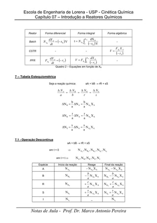 Escola de Engenharia de Lorena - USP - Cinética Química
Capítulo 07 – Introdução a Reatores Químicos
_____________________________________________________
Notas de Aula - Prof. Dr. Marco Antonio Pereira
Reator Forma diferencial Forma integral Forma algébrica
Batch ( )V
rA
0
−
=
dt
dX
N A
A
( )
∫ −
=
A
0
0
X
A
A
V
r
dX
t A
N -
CSTR - -
( )
A
A
A
r
X
F
V
−
= 0
PFR ( )
A
A
A r
dt
dX
F −
=
0
( )
∫ −
=
A
X
A
A
A
r
dX
F
V
0
0
-
Quadro 2 – Equações em função de XA
7 – Tabela Estequiométrica
Seja a reação química: aA + bB → rR + sS
s
N
r
N
b
N
a
N S
R
B
A ∆
=
∆
=
∆
=
∆
A
A
A
B X
N
a
b
∆N
a
b
∆N 0
=
=
A
A
A
R X
N
a
r
∆N
a
r
∆N 0
=
=
A
A
A
S X
N
a
s
∆N
a
s
∆N 0
=
=
7.1 - Operação Descontínua
aA + bB → rR + sS
em t = 0 ⇒ 0
0
0
0
0 I
S
R
B
A N
,
N
,
N
,
N
,
N
em t = t ⇒ Ι
S
R
Β
Α Ν
,
Ν
,
Ν
,
Ν
,
Ν
Espécie Início da reação Reage Final da reação
A 0
A
N A
A X
N 0
− A
A
A X
N
N 0
0
−
B 0
B
N A
A X
N 0
a
b
− A
A
B X
N
N 0
0
a
b
−
R 0
R
N A
A X
N 0
a
r
+ A
A
R X
N
N 0
0
a
r
+
S 0
S
N A
A X
N 0
a
s
+ A
A
S X
N
N 0
0
a
s
+
I 0
I
N _ 0
I
N
 