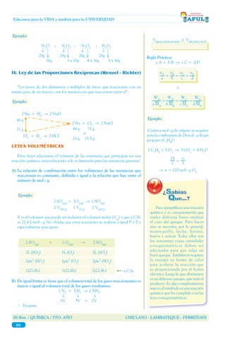 III Bim. / QUÍMICA / 5TO. AÑO CHICLAYO - LAMBAYEQUE - FERREÑAFE
88
Educamos para la VIDA y también para la UNIVERSIDAD
Ejemplo:
N2
O ; N2
O3
; N2
O4
; N2
O5
		 ↓ ↓ ↓ ↓
	 28g 28g 28g 28g
16g 3 x 16g 4 x 16g 5 x 16g
	 “Los pesos de dos elementos o múltiplos de éstos; que reaccionan con un
mismo peso de un tercero, son los mismos con que reaccionan entre sí”.
IV.	Ley de las Proporciones Recíprocas (Wenzel - Richter)
Ejemplo:
	 2 Na + H2
→ 2 NaH
	 		
2 Na + Cl2
→ 2 NaCl
	 Cl2
+ H2
→ 2 HCl
46 g
71 g 46 g 71 g
	 ó
23 g 35,5 g
LEYES VOLUMÉTRICAS
	 Estas leyes relacionan el volumen de las sustancias que participan en una
reacción química, estas relaciones sólo se limitarán para las sustancias gaseosas’.
A)	La relación de combinación entre los volúmenes de las sustancias que
reaccionan es constante, definida e igual a la relación que hay entre el
número de mol - g.
2 SO2(g)
+ 1O2(g)
→ 2 SO3(g)
2 V(SO2)
1 V(O2)
2 V(SO3)
V es el volumen que puede ser inclusive el volumen molar (Vm
) y que a C.N.
es 22,4 L/mol - g. No olvidar que estas reacciones se realizan a igual P y T, y
especialmente para gases.
B)	De igual forma se tiene que el volumen total de los gases reaccionantes es
mayor o igual al volumen total de los gases resultantes.
1 N2
+ 3 H2
→ 2 NH3
	 ↓ ↓ ↓
	 1V 3V > 2V
 En gases
2 SO2(g)
+ 1 O2(g)
→ 2 SO3(g)
2L (SO2
) 1L (O2
) 2L (SO3
)
2pie3
(SO2
) 1pie3
(O2
) 2pie3
(SO3
)
2(22,4L) 1(22,4L) 2(22,4L)
Ejemplo:
a C.N.
=
nA
a
nB
b
nC
c
=
WA
a MA
WB
b MB
WC
c MC
WD
d MD
= =
nD
d
= =
	 Para ejemplificar una reacción
química y su estequiometría que
sueles disfrutar, basta analizar
el caso del queque. Para hacer
uno se necesita, por lo general,
mantequilla, leche, harina,
huevo y azúcar. Todos ellos son
los reactantes cuyas cantidades
estequiométricas deben ser
adecuadas para que salga un
buen queque. También se requiere
la energía en forma de calor
para acelerar la reacción que
es proporcionada por el horno
eléctrico. Luego lo que obtenemos
es un delicioso queque, que sería el
producto. Es algo completamente
nuevo,elresultadoesunareacción
química que ha cumplido con las
leyes estequiométricas.
VREACCIONANTES
≥ VPRODUCTOS
=
24
1
n
5
Regla Práctica:
a A + b B → c C + d D
ó
Ejemplo:
¿Cuántos mol - g de oxígeno se requiere
para la combustión de 24 mol - g de gas
propano (C3
H8
)?
1 C3
H8
+ 5 O2
→ 3 CO2
+ 4 H2
O
→ n = 120 mol - g O2
 