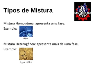 Tipos de Mistura
Mistura Homogênea: apresenta uma fase.
Exemplo:
Mistura Heterogênea: apresenta mais de uma fase.
Exemplo:
Água
Água + Óleo
