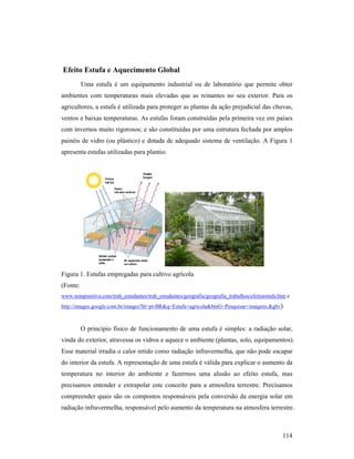 114
Efeito Estufa e Aquecimento Global
Uma estufa é um equipamento industrial ou de laboratório que permite obter
ambientes com temperaturas mais elevadas que as reinantes no seu exterior. Para os
agricultores, a estufa é utilizada para proteger as plantas da ação prejudicial das chuvas,
ventos e baixas temperaturas. As estufas foram construídas pela primeira vez em países
com invernos muito rigorosos; e são constituídas por uma estrutura fechada por amplos
painéis de vidro (ou plástico) e dotada de adequado sistema de ventilação. A Figura 1
apresenta estufas utilizadas para plantio.
Figura 1. Estufas empregadas para cultivo agrícola
(Fonte:
www.notapositiva.com/trab_estudantes/trab_estudantes/geografia/geografia_trabalhos/efeitoestufa.htm e
http://images.google.com.br/images?hl=pt-BR&q=Estufa+agricola&btnG=Pesquisar+imagens.&gbv)
O princípio físico de funcionamento de uma estufa é simples: a radiação solar,
vinda do exterior, atravessa os vidros e aquece o ambiente (plantas, solo, equipamentos).
Esse material irradia o calor retido como radiação infravermelha, que não pode escapar
do interior da estufa. A representação de uma estufa é válida para explicar o aumento da
temperatura no interior do ambiente e fazermos uma alusão ao efeito estufa, mas
precisamos entender e extrapolar este conceito para a atmosfera terrestre. Precisamos
compreender quais são os compostos responsáveis pela conversão da energia solar em
radiação infravermelha, responsável pelo aumento da temperatura na atmosfera terrestre.
 