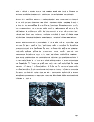 121
que as plantas os possam utilizar para crescer e ainda pode causar a liberação de
algumas substâncias tóxicas como o alumínio no solo, prejudicando sua fertilidade.
Efeitos sobre o ambiente aquático – a maioria dos rios e lagos possuem um pH entre 6,0
e 8,0. O pH dos lagos no entanto pode atingir valores próximos a 5,0 quando os solos e
a água não têm a capacidade de neutralizar a chuva ácida. Conseqüentemente grande
parte dos organismos que vivem em meios aquáticos podem morrer pela alteração do
pH da água. À medida que a acidez dos lagos aumenta os peixes vão desaparecendo.
Mesmo que alguns mais resistentes consigam sobreviver, é muito difícil que a sua
continuidade esteja assegurada uma vez que os seus ovos não têm hipóteses de eclodir.
Efeitos sobre monumentos e construções - A chuva ácida pode ser responsável pela
corrosão de pedra, metal ou tinta. Praticamente todos os materiais são degradados
gradualmente pela ação da chuva e do vento. A chuva ácida acelera esse processo,
destruindo estátuas, prédios ou monumentos. Muitas cidades históricas têm
monumentos degradados e muitas vezes, sua recuperação ou substituição é impossível.
Isso ocorre principalmente com monumentos de mármore, cujo principal constituinte é
o calcário (Carbonato de cálcio - CaCO3) que é solubilizado com os ácidos contribuintes
da chuva ácida. Na Europa esse problema é muito grave, pela antiguidade das obras
expostas a céu aberto. É o chamado Câncer de Pedra, que faz com que seja necessário
recolher essas obras de arte, substituí-las por réplicas e somente expô-las em ambientes
fechados. Infelizmente, muitas obras de arte e monumentos antigos, já se acham
completamente destruídos pela corrosão provocada pelas chuvas ácidas, como podemos
observar na Figura 4.
 