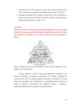 152
• Saturação por bases (V%): expressa a relação entre as bases presentes com a
CTC, é expressa em porcentagem e determinada pela fórmula: S x 100 / CTC.
• Saturação por alumínio (m%): significa a relação entre o teor de alumínio em
relação à somatória de soma de bases e alumínio, é expressa em porcentagem e
determinada pela fórmula: Al x 100 / S + Al.
Você sabia?
Raramente um solo é constituído de uma só fração granulométrica, daí a necessidade
de classes de textura procurando definir diferentes combinações de areia, silte e argila.
Essa classificação é realizada com o auxílio do diagrama textural, apresentado na
figura 4.
Figura 4. Diagrama textural para classificação de solos. (Fonte: Formação de solos,
GEPAG, FCA-UNESP, 2003).
Até aqui, abordamos a litosfera como um compartimento regulador da vida
humana, destacando as principais características da formação, composição e
classificação dos solos. No capítulo seguinte, discutiremos a utilização do solo pelo
homem, sua importância para a alimentação e as conseqüências dessa utilização, em
função de potenciais contaminações por compostos orgânicos e inorgânicos.
Abordaremos também algumas estratégias de descontaminação.
 