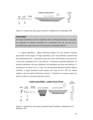 39
Figura 3.4. Esquema de uma Lagoa Facultativa. Adaptado de Von Sperling, 1996.
Você Sabia?
Nas lagoas facultativas existe um equilíbrio entre a atividade das bactérias e das algas.
Na respiração as bactérias consomem O2 e produzem CO2, que por sua vez é
consumido pelas algas no processo de fotossíntese, produzindo então O2.
• Lagoas anaeróbicas – lagoas facultativas (Figura 3.5): esse sistema é formado
pela junção de duas lagoas. Na lagoa anaeróbica, que é mais profunda e portanto tem
baixa penetração de luz, a fotossíntese quase não ocorre. Desta forma o consumo de O2
é maior que a produção de O2. Como falta O2, o mecanismo anaeróbio predomina. As
bactérias anaeróbicas têm taxa metabólica e de reprodução mais lenta que aeróbicas. A
permanência do esgoto é de 3 a 5 dias, com decomposição parcial da matéria orgânica
(50-60%). A lagoa facultativa recebe apenas uma carga de 40 a 50% da matéria
orgânica e por isso pode ter dimensões menores. A eficiência é um pouco superior ao
primeiro sistema e a área total requerida é menor.
Figura 3.5. Esquema de uma Lagoa Anaeróbia-Lagoa Facultativa. Adaptado de Von
Sperling, 1996
 