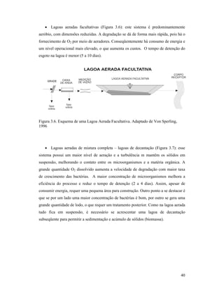 40
• Lagoas aeradas facultativas (Figura 3.6): este sistema é predominantemente
aeróbio, com dimensões reduzidas. A degradação se dá de forma mais rápida, pois há o
fornecimento de O2 por meio de aeradores. Conseqüentemente há consumo de energia e
um nível operacional mais elevado, o que aumenta os custos. O tempo de detenção do
esgoto na lagoa é menor (5 a 10 dias).
Figura 3.6. Esquema de uma Lagoa Aerada Facultativa. Adaptado de Von Sperling,
1996
• Lagoas aeradas de mistura completa – lagoas de decantação (Figura 3.7): esse
sistema possui um maior nível de aeração e a turbulência m mantêm os sólidos em
suspensão, melhorando o contato entre os microorganismos e a matéria orgânica. A
grande quantidade O2 dissolvido aumenta a velocidade de degradação com maior taxa
de crescimento das bactérias. A maior concentração de microorganismos melhora a
eficiência do processo e reduz o tempo de detenção (2 a 4 dias). Assim, apesar de
consumir energia, requer uma pequena área para construção. Outro ponto a se destacar é
que se por um lado uma maior concentração de bactérias é bom, por outro se gera uma
grande quantidade de lodo, o que requer um tratamento posterior. Como na lagoa aerada
tudo fica em suspensão, é necessário se acrescentar uma lagoa de decantação
subseqüente para permitir a sedimentação e acúmulo de sólidos (biomassa).
 