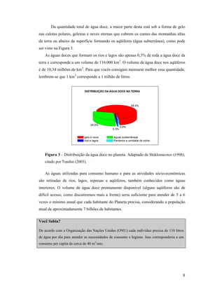 8
Da quantidade total de água doce, a maior parte desta está sob a forma de gelo
nas calotas polares, geleiras e neves eternas que cobrem os cumes das montanhas altas
da terra ou abaixo da superfície formando os aqüíferos (água subterrânea), como pode
ser visto na Figura 3.
As águas doces que formam os rios e lagos são apenas 0,3% de toda a água doce da
terra e corresponde a um volume de 116.000 km3
. O volume de água doce nos aqüíferos
é de 10,34 milhões de km3
. Para que vocês consigam mensurar melhor essa quantidade,
lembrem-se que 1 km3
corresponde a 1 trilhão de litros.
DISTRIBUIÇÃO DA ÁGUA DOCE NA TERRA
68.9%
29.9%
0.3%
0.9%
gelo e neve águas subterrâneas
rios e lagos Pantanos e umidade de solos
Figura 3 – Distribuição da água doce no planeta. Adaptado de Shiklomavnov (1998),
citado por Tundisi (2003).
As águas utilizadas para consumo humano e para as atividades sócio-econômicas
são retiradas de rios, lagos, represas e aqüíferos, também conhecidos como águas
interiores. O volume de água doce prontamente disponível (alguns aqüíferos são de
difícil acesso, como discutiremos mais a frente) seria suficiente para atender de 5 a 6
vezes o mínimo anual que cada habitante do Planeta precisa, considerando a população
atual de aproximadamente 7 bilhões de habitantes.
Você Sabia?
De acordo com a Organização das Nações Unidas (ONU) cada individuo precisa de 110 litros
de água por dia para atender as necessidades de consumo e higiene. Isso corresponderia a um
consumo per capita de cerca de 40 m3
/ano.
 