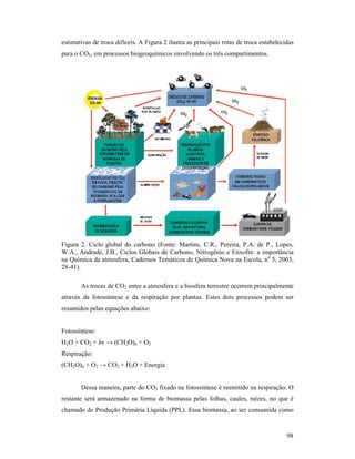 98
estimativas de troca difíceis. A Figura 2 ilustra as principais rotas de troca estabelecidas
para o CO2, em processos biogeoquímicos envolvendo os três compartimentos.
Figura 2. Ciclo global do carbono (Fonte: Martins, C.R., Pereira, P.A. de P., Lopes,
W.A., Andrade, J.B., Ciclos Globais de Carbono, Nitrogênio e Enxofre: a importância
na Química da atmosfera, Cadernos Temáticos de Química Nova na Escola, no
5, 2003,
28-41).
As trocas de CO2 entre a atmosfera e a biosfera terrestre ocorrem principalmente
através da fotossíntese e da respiração por plantas. Estes dois processos podem ser
resumidos pelas equações abaixo:
Fotossíntese:
H2O + CO2 + hν → (CH2O)n + O2
Respiração:
(CH2O)n + O2 → CO2 + H2O + Energia
Dessa maneira, parte do CO2 fixado na fotossíntese é reemitido na respiração. O
restante será armazenado na forma de biomassa pelas folhas, caules, raízes, no que é
chamado de Produção Primária Líquida (PPL). Essa biomassa, ao ser consumida como
 