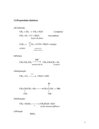6
1.5.Propriedades Químicas
a)Combustão
CH4 + 2O2 → CO2 + H2O (completa)
CH4 + O2 → C + 2H2O (incompleta)
negro de fumo
C8H18 +
17
2
O2 → 8 CO + 9H2O + energia
octano monóxido de
carbono (tóxico)
b)Pirólise
600o
CH3-CH2-CH3 CH3-CH=CH2 + H2
ausência de O2 propeno
c)halogenação
U.V.
CH4 + Cl2 CH3Cl + HCl
Br

CH3-CH-CH3 + Br2 CH3-C-CH3 + HBr
 
CH3 CH3
d)Sulfonação
CH4 + H2SO4 CH3SO3H + H2O
∆
ácido metanosulfônico
e)Nitração
HNO3
 