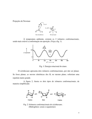 8
Projeções de Newman
HH
H
H
H
H
ω
H H
H
HH
H
ω = 6 6 6 6 6 6
60º
Emcoincidência Emoposição
= 0º
À temperatura ambiente, existem os 2 isômeros conformacionais,
sendo mais estável a conformação em oposição. (Veja a fig. 1).
Fig. 1: Energia rotacional do etano.
O ciclohexano apresenta dois isômeros conformacionais, por não ser planar.
Se fosse planar, as nuvens eletrônicas dos H, no mesmo plano, sofreriam uma
repulsão muito grande.
A figura 2, ilustra os dois tipos de isômeros conformacionais, de
maneira simplificada:
Fig. 2: Isômeros conformacionais do ciclohexano.
(Hidrogênios: axiais e equatoriais)
 