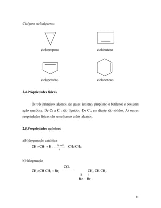 11
C)alguns cicloalquenos
ciclopropeno ciclobuteno
ciclopenteno ciclohexeno
2.4.Propriedades físicas
Os três primeiros alcenos são gases (etileno, propileno e butileno) e possuem
ação narcótica. De C5 a C15 são líquidos. De C16 em diante são sólidos. As outras
propriedades físicas são semelhantes a dos alcanos.
2.5.Propriedades químicas
a)Hidrogenação catalítica
CH2=CH2 + H2
Pd ou Pt
CH3-CH3
∆
b)Halogenação
CCl4
CH2=CH-CH3 + Br2 CH2-CH-CH3
| |
Br Br
 