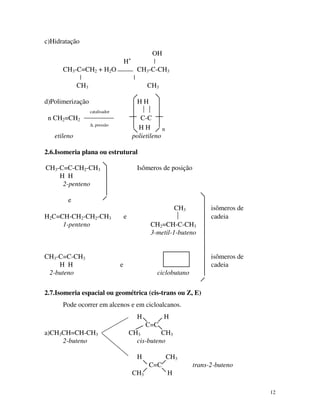 12
c)Hidratação
OH
H+
|
CH3-C=CH2 + H2O CH3-C-CH3
| |
CH3 CH3
d)Polimerização H H
catalisador  
n CH2=CH2 C-C
∆, pressão
H H n
etileno polietileno
2.6.Isomeria plana ou estrutural
CH3-C=C-CH2-CH3 Isômeros de posição
H H
2-penteno
e
CH3 isômeros de
H2C=CH-CH2-CH2-CH3 e  cadeia
1-penteno CH2=CH-C-CH3
3-metil-1-buteno
CH3-C=C-CH3 isômeros de
H H e cadeia
2-buteno ciclobutano
2.7.Isomeria espacial ou geométrica (cis-trans ou Z, E)
Pode ocorrer em alcenos e em cicloalcanos.
H H
C=C
a)CH3CH=CH-CH3 CH3 CH3
2-buteno cis-buteno
H CH3
C=C trans-2-buteno
CH3 H
 