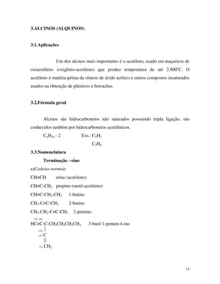 15
3.ALCINOS (ALQUINOS)
3.1.Aplicações
Um dos alcinos mais importantes é o acetileno, usado em maçaricos de
oxiacetileno (oxigênio-acetileno) que produz temperatura de até 2.800o
C. O
acetileno é matéria-prima da síntese de ácido acético e outros compostos insaturados
usados na obtenção de plásticos e borrachas.
3.2.Fórmula geral
Alcinos são hidrocarbonetos não saturados possuindo tripla ligação, são
conhecidos também por hidrocarbonetos acetilênicos.
CnH2n - 2 Exs.: C2H2
C3H4
3.3.Nomenclatura
Terminação →→→→ino
a)Cadeias normais
CH≡CH etino (acetileno)
CH≡C-CH3 propino (metil-acetileno)
CH≡C-CH2-CH3 1-butino
CH3-C≡C-CH3 2-butino
CH3-CH2-C≡C-CH3 2-pentino
(5) (4)
HC≡C-C-CH2CH2CH2CH3 3-butil 1-penten-4-ino
(3) 
(2) C

(1) CH2
 